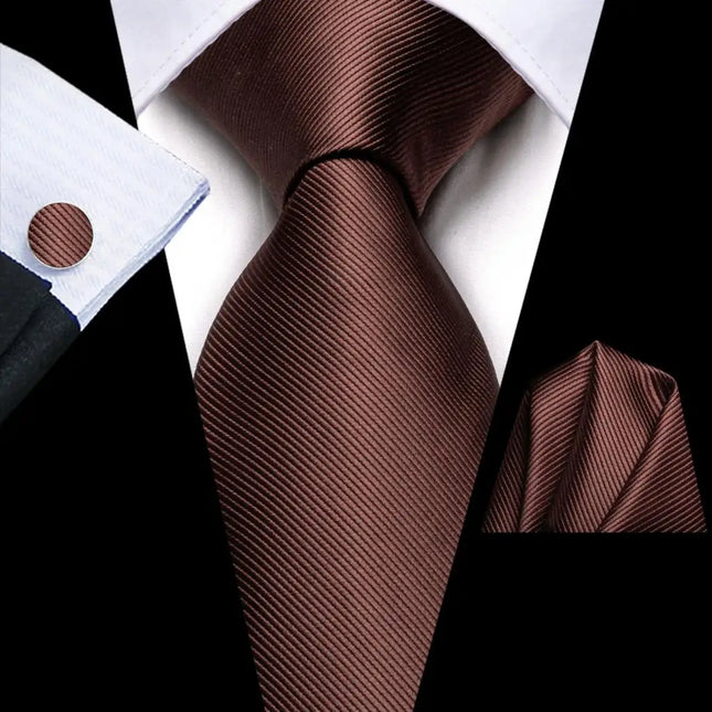 Corbata de seda color marrón café liso con gemelos y pañuelo de bolsillo para bodas y negocios