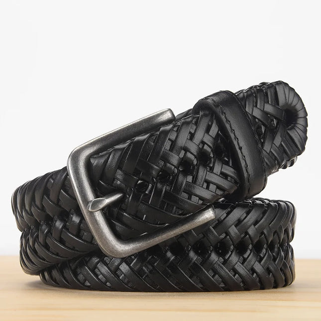 Cinturón trenzado de cuero genuino para hombre: correa de punto vintage, sin agujeros, alta calidad