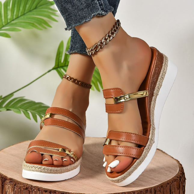 Sandalias de cuña con tiras de colores combinados, sandalias de verano a la moda con tacón de cáñamo, zapatillas para exteriores, zapatos de boca de pescado con suela gruesa para mujer