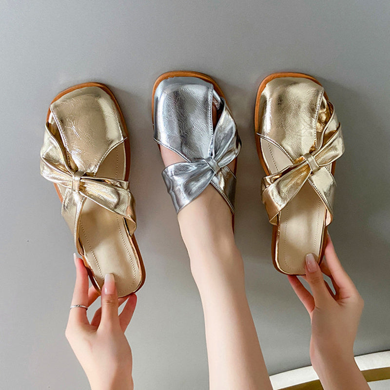 Metallic Bow-Detail Square-Toe Slides for Women