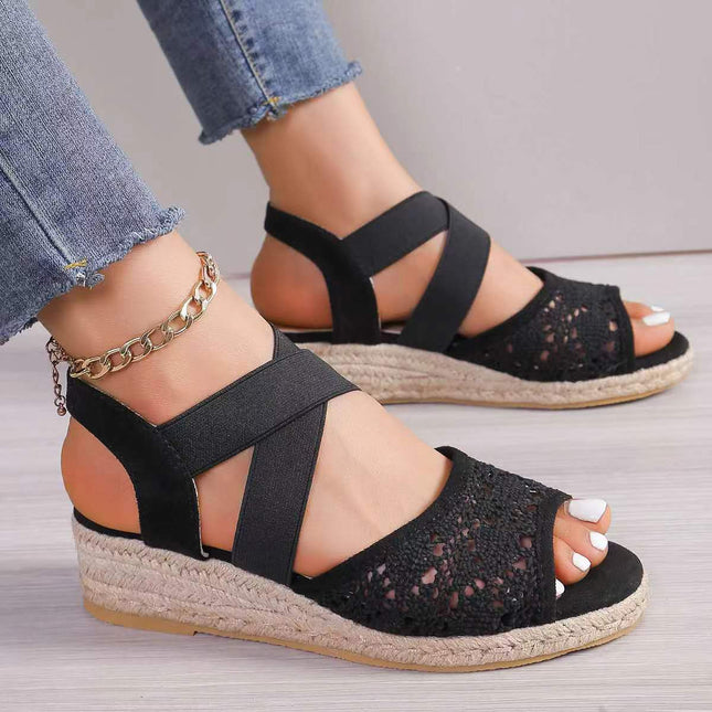 Sandalias huecas de encaje, zapatos de cuña de cáñamo de moda de verano para mujer