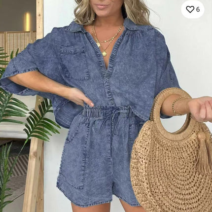 Ensemble 2 pièces en jean ample pour femme, chemise décontractée à manches chauve-souris et short à cordon de serrage avec poches