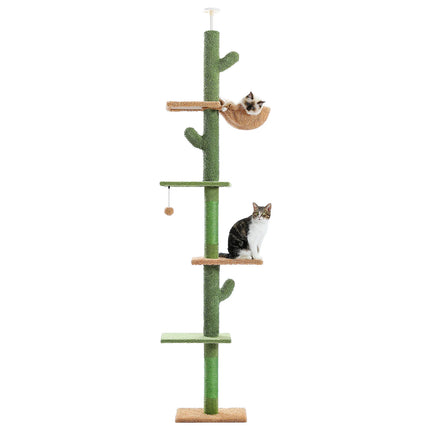 Torre para gatos de 5 niveles ajustable de piso a techo con diseño de cactus, hamaca y poste rascador