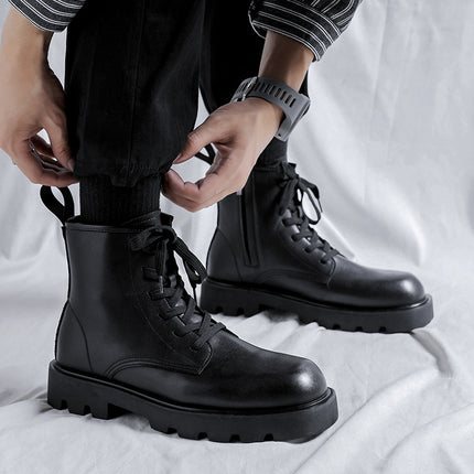 Bottines à plateforme coréennes en cuir noir avec fermeture éclair