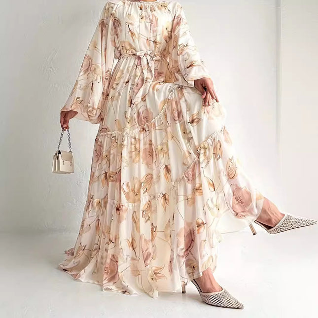 Vestido largo elegante de moda con estampado de flores de gasa de Oriente Medio