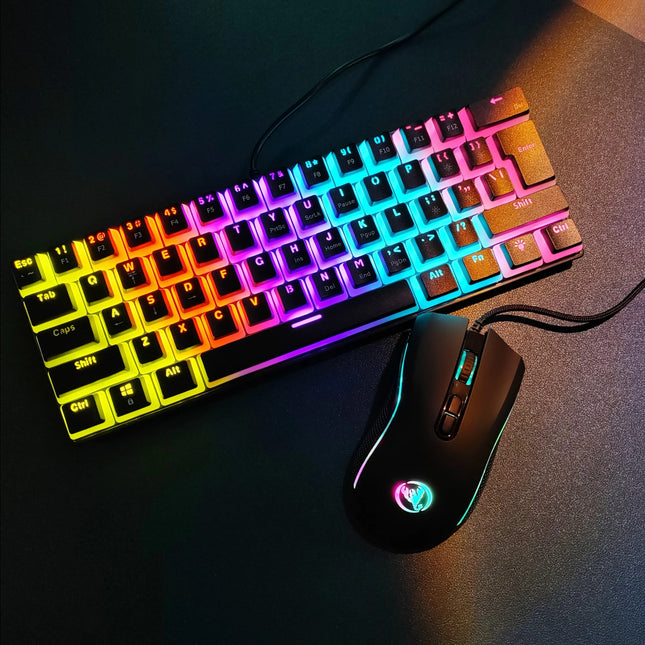 Teclado y ratón mecánicos con cable, iluminación RGB, color negro, ergonómicos, compactos