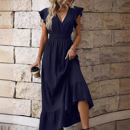 V-neck Ruffled Sleeve Solid Color Dress Leisure Vacation A- Line Skirt