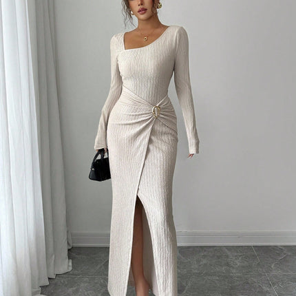 Autumn And Winter Irregular Neckline Solid Color Knitted Texture Long Dress For Women
