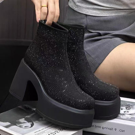 Bottines à talons épais et plateformes en strass étoilés