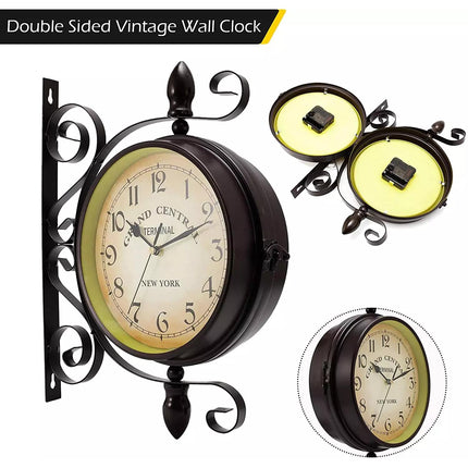 Vintage Brown Double-Sided Hanging Wall Clock