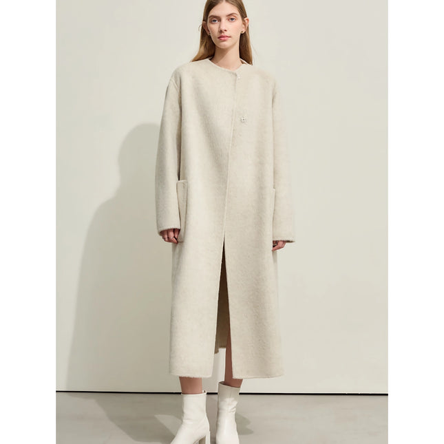 Abrigo largo minimalista de lana para mujer: chaqueta cálida de cuello alto y doble cara
