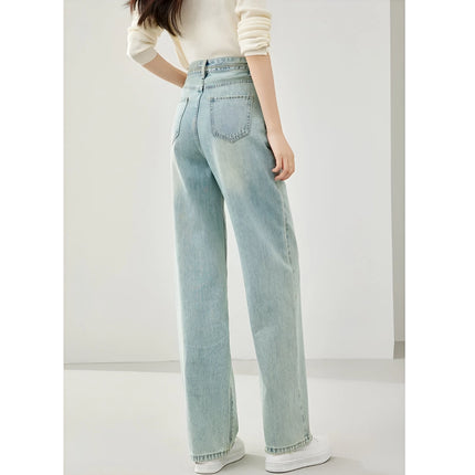 Pantalon en jean taille haute à jambe large pour femme - Pantalon décontracté bleu clair rétro