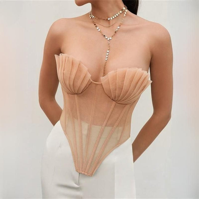 Top estilo corsé vintage de malla color rosa champán