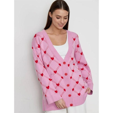 Cárdigan de punto de gran tamaño con cuello en V y estampado de corazones para mujer