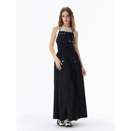 Elegant Basic Solid Black Backless Bandage Maxi Dress with Pockets