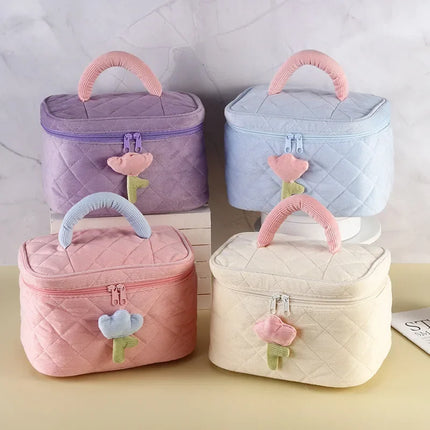 Bolso de cosméticos de pana con flores de tulipán para mujer