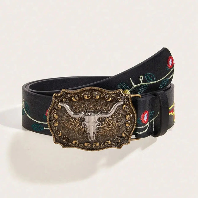 Cinturón de cuero sintético con estampado de hebilla de vaquero occidental vintage