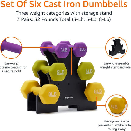 Neoprene Workout Dumbbell Set - 32-Pounds Total with Weight Rack - Wnkrs