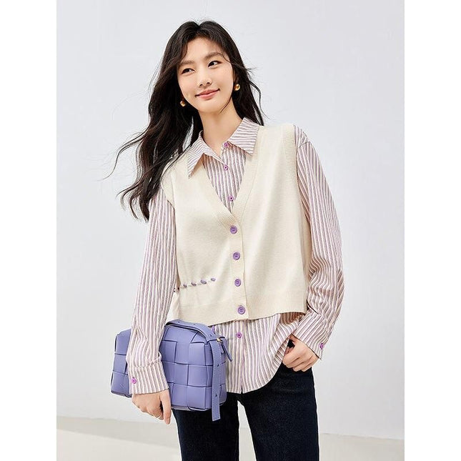 Conjunto de blusa informal a rayas con cuello polo y manga larga de otoño y chaleco de punto