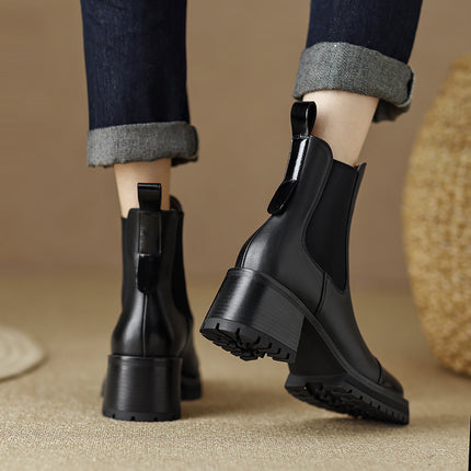 Bottines rétro à bout rond en cuir véritable avec talons épais