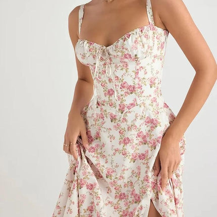 Floral Print Camisole Midi Dress with Lace-Up Detail