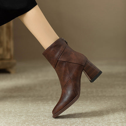 Bottes à talons épais pour femmes marron style britannique rétro