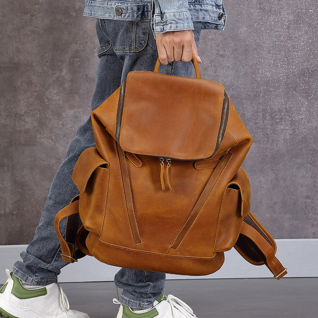 Mochila de cuero de primera capa de gran capacidad para viajes de ocio para hombres