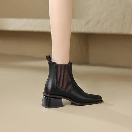 Bottines Chelsea en cuir véritable pour femme avec talon épais