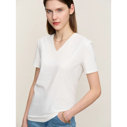 T-shirt col en V brodé minimaliste pour femme