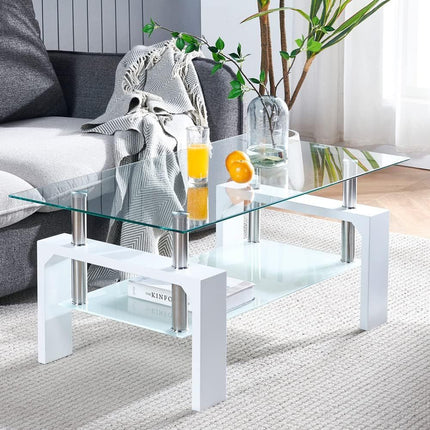 Modern Rectangle Glass Coffee Table with Wooden Legs - Wnkrs