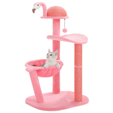 Árbol para gatos de varios niveles con forma de flamenco rosa encantador, hamaca y postes para rascar