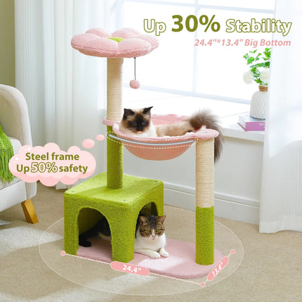 Árbol para gatos con forma de flor, hamaca grande y postes rascadores de sisal