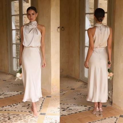 Champagne Colored Satin Covered Simple Dress