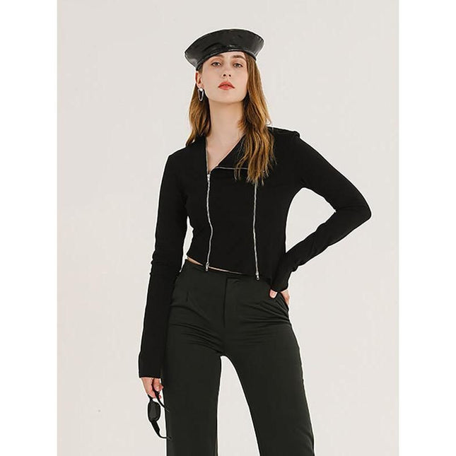 Cardigan noir asymétrique à fermeture éclair pour femme