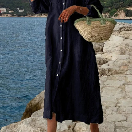 Robe chemise ample à manches longues et col rabattu, simple et assortie