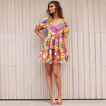 Robe à fleurs à col en V et manches lanternes Y2K, robes courtes de vacances d'été à la plage, vêtements pour femmes à la mode