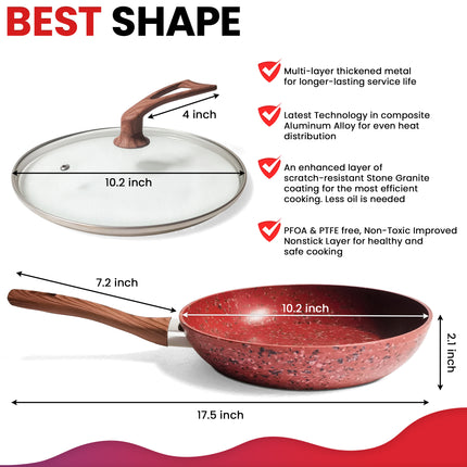 10 Inch Frying Pan With Special Lid - Deluxe Copper Granite Stone Coating - PFOA PFOS PTFE Free - Premium Nonstick Scratch Proof Coating - Comes With Special Lid, Red - Wnkrs