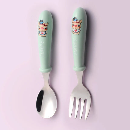 Stainless Steel Toddler Cutlery Set - Cartoon Infant Feeding Spoon & Fork with Travel Case