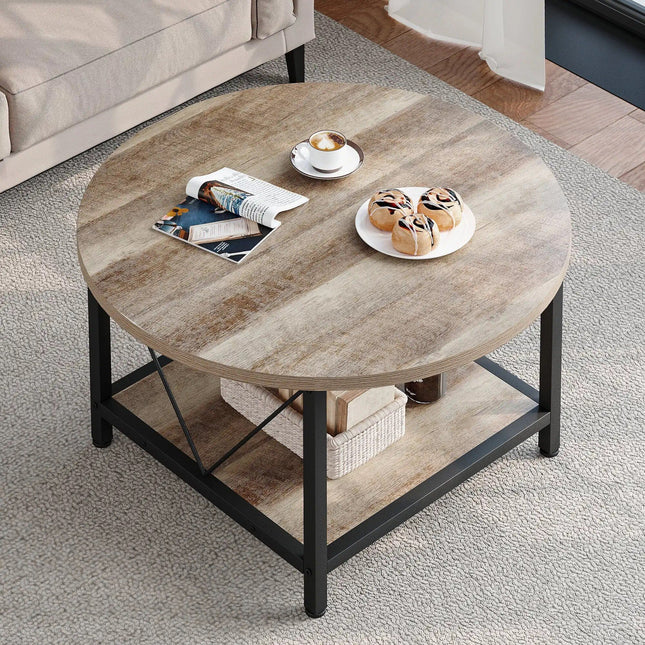 Rustic Oak Round Coffee Table with Metal Legs & Storage - Wnkrs