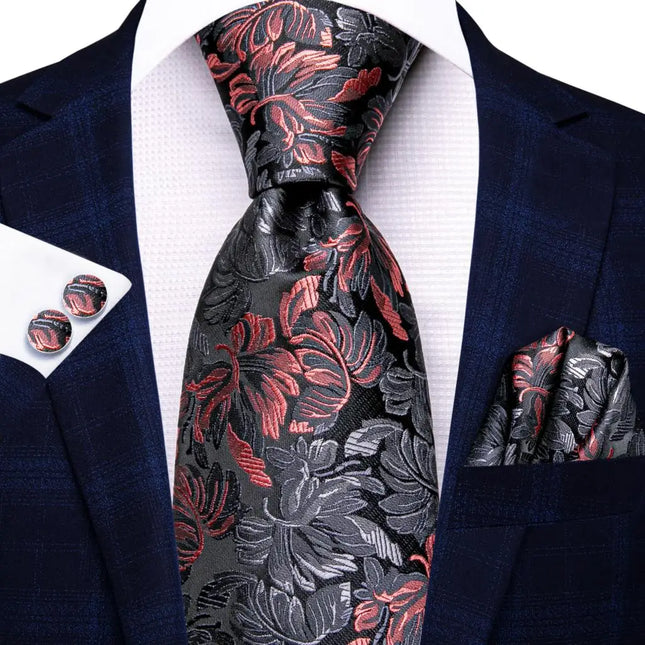 Ensemble élégant de cravates en soie à motifs floraux noirs et rouges pour hommes