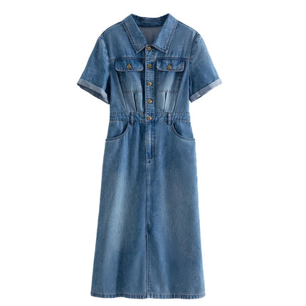 Robe chemise à manches courtes et col polo bleu denim