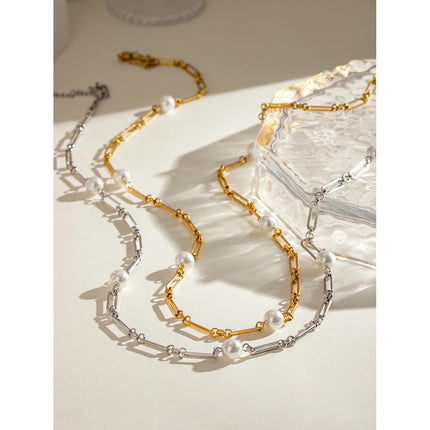 Collar de perlas de imitación redondas de acero inoxidable bañado en oro PVD de 18 quilates para mujer