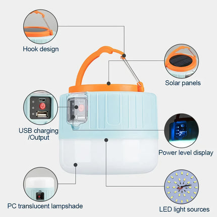 Linterna solar para acampar con banco de energía y control remoto