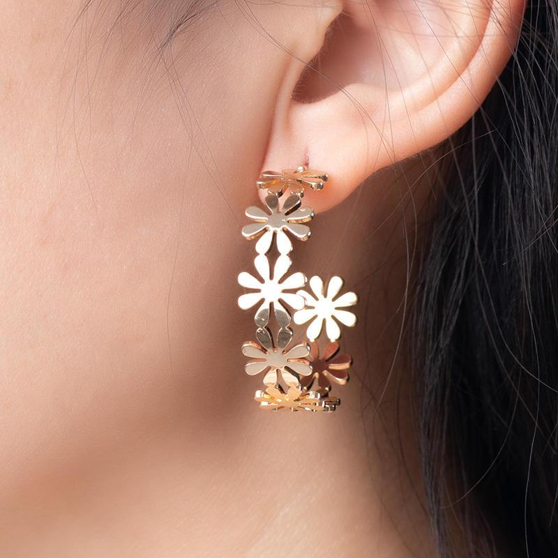 Golden Geometric C-Shaped Flower Drop Earrings for Women