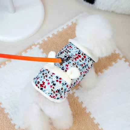 Parka en peluche florale pour chien avec de jolies oreilles