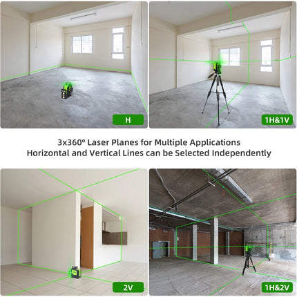 360° 3D Green Laser Level Kit with Receiver & Tripod, 12 Lines, Self-Leveling
