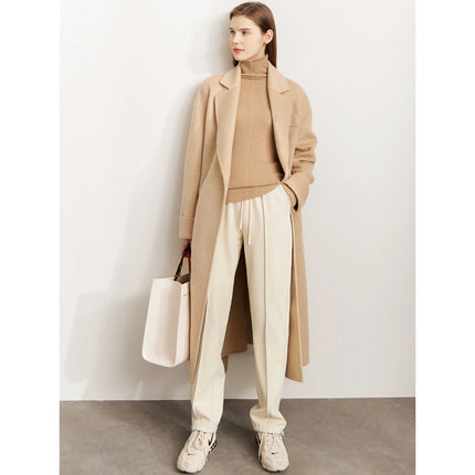 Manteau en laine minimaliste pour femme avec ceinture à lacets - Élégant et chaud