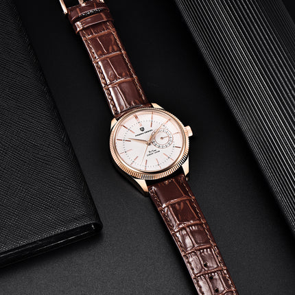 Montre à quartz de luxe pour homme avec bracelet en cuir et aiguilles lumineuses