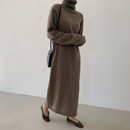 Cashmere Autumn And Winter Dress Women's Long Below The Knee Loose High Collar