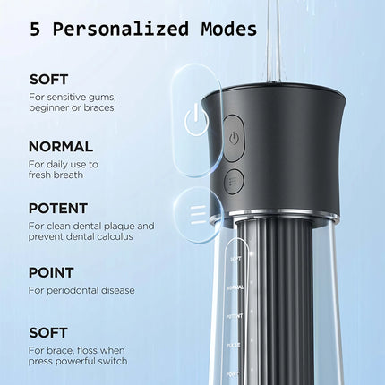 Irrigador bucal portátil de 5 modos con carga USB tipo C y tanque de 300 ml